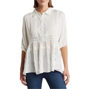Liv Los Angeles White Mixed Media Eyelet Button-Up Blouse Coquette Fairy Size L